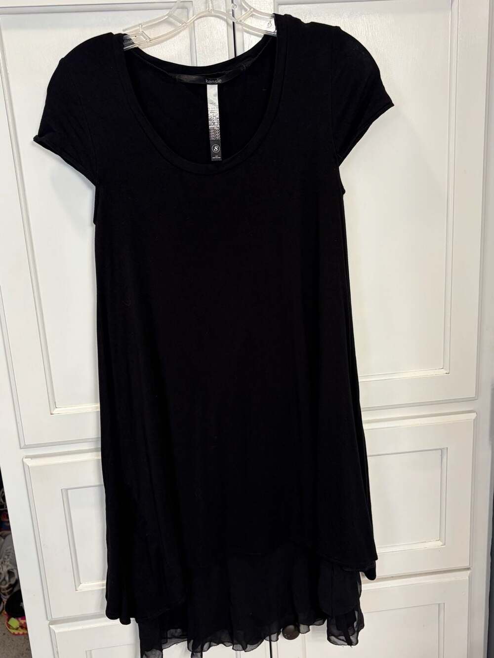 Kensie Women's Black Layered Short Sleeve High-Low Hem Dress Small LBD Staple